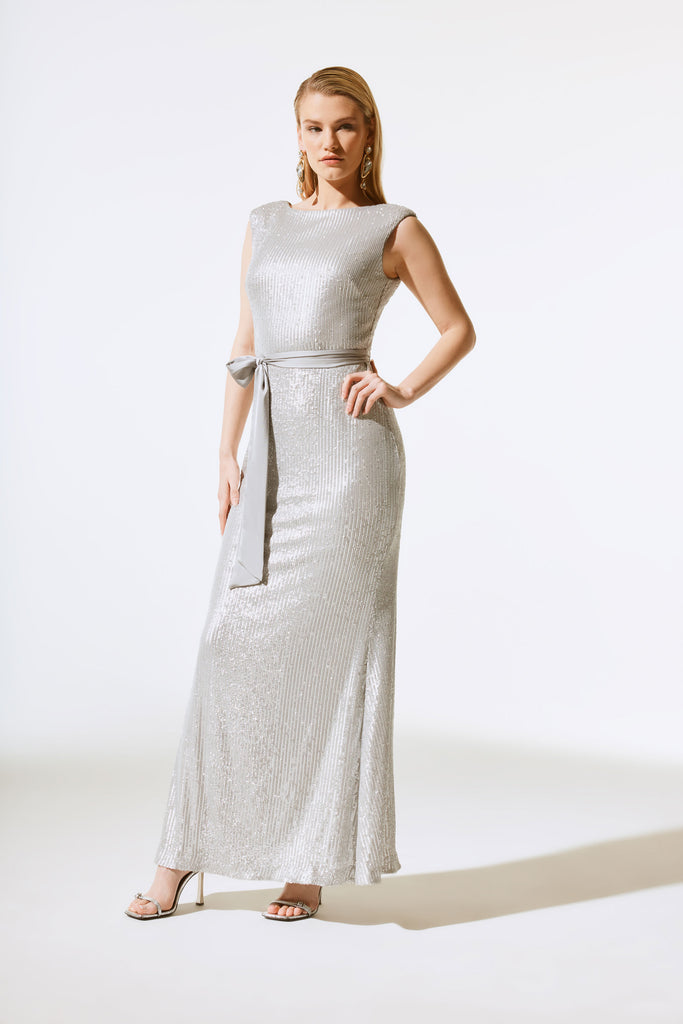 Joseph Ribkoff Matte Silver Sequined Formal Evening Long Dress 243775 8 (UK 10) Joseph Ribkoff Matte Silver Sequined Formal Evening Long Dress 243775 8 (UK 10)