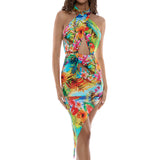 Luli Fama Women's Birds Of Paradise - Halter Neck Cut Out Asymmetric Midi Dress